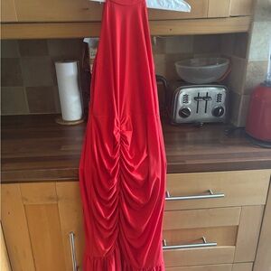 Sleek Red Ruched Halter Maxi Dress